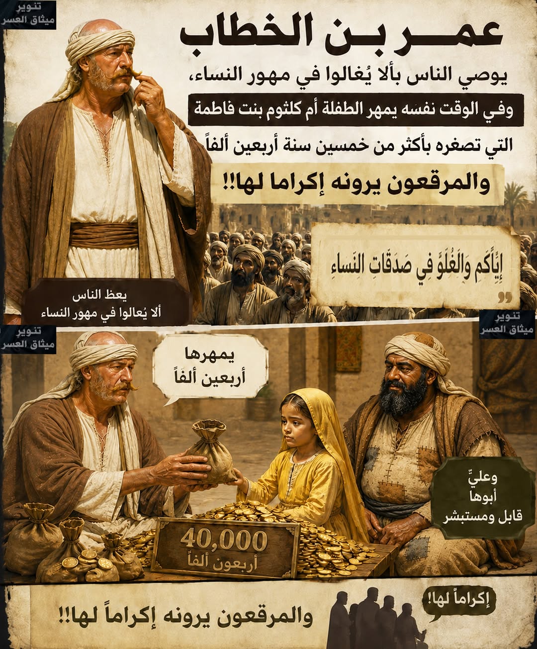 الخليفة عمر بن الخطّاب يعظ النّاس بألّا يُغالوا في مهور النّساء، وفي الوقت نفسه يمهر الطّفلة أم كلثوم بنت فاطمة ـ والّتي تصغره بأكثر من خمسين سنة ـ أربعين ألفاً، ووالدها الإمام عليّ لا يعترض، والمرقّعون يرونه إكراماً لها!!