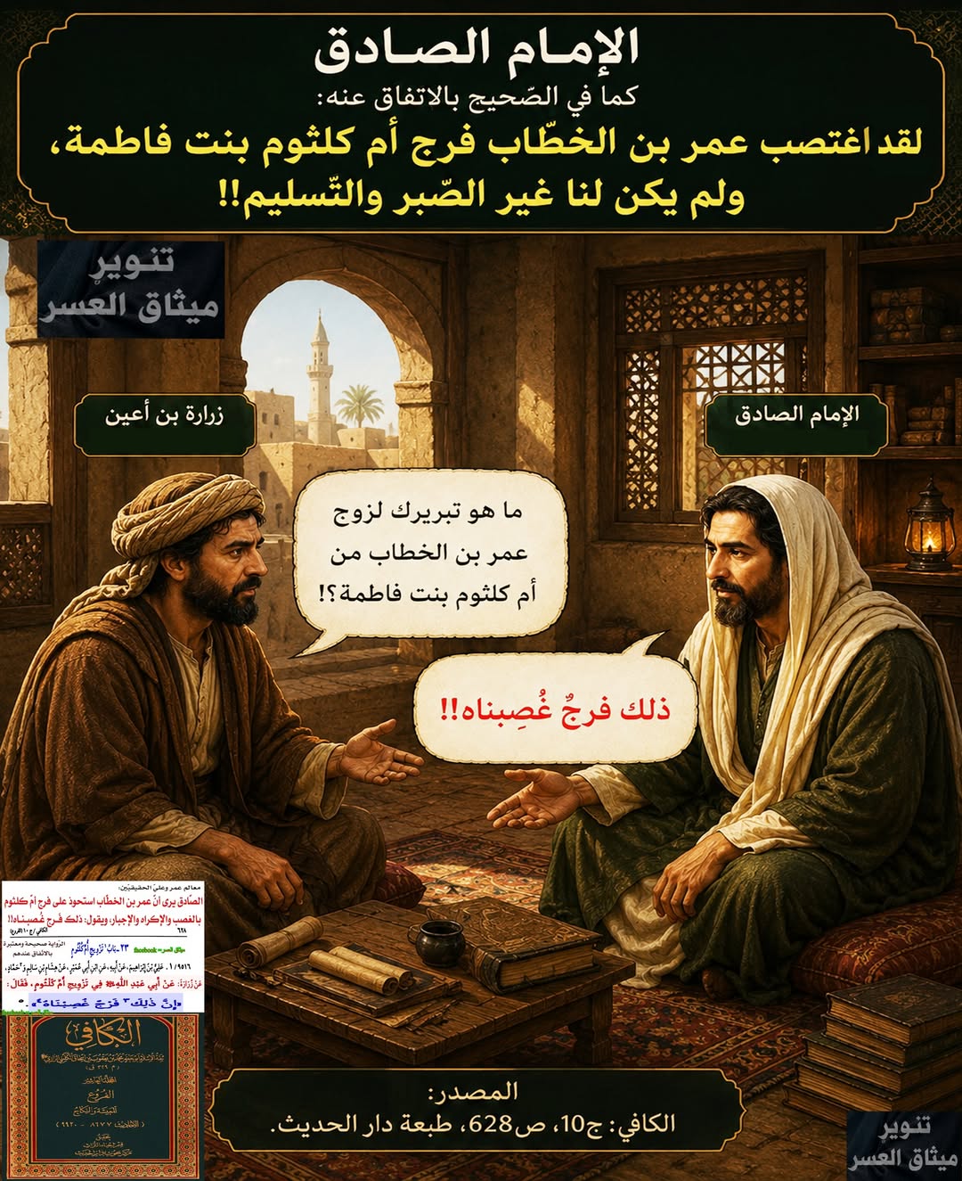 الإمام الصّادق كما في الصّحيح عنه بالاتّفاق وهو يُجيب عن تبرير زواج الخليفة عمر بن الخطّاب من أم كلثوم بنت فاطمة وعليّ: "ذلك فرجٌ غُصِبناه"!!